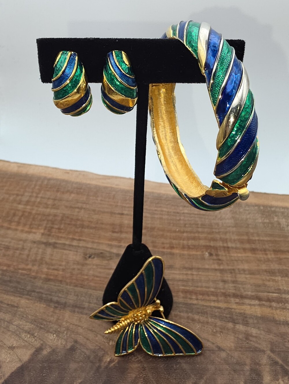 Vtg Marcel Boucher 3pc Set Bracelet Earrings Butterfly Brooch Enamel Gold Tone